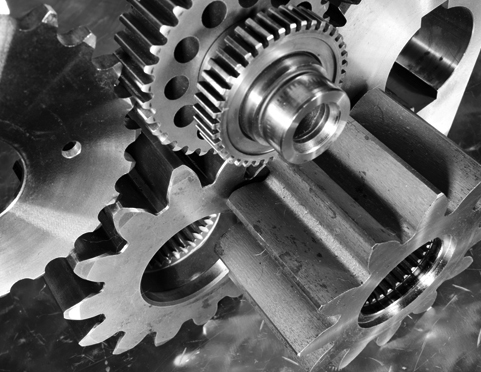 Interlocking precision gears, macro view